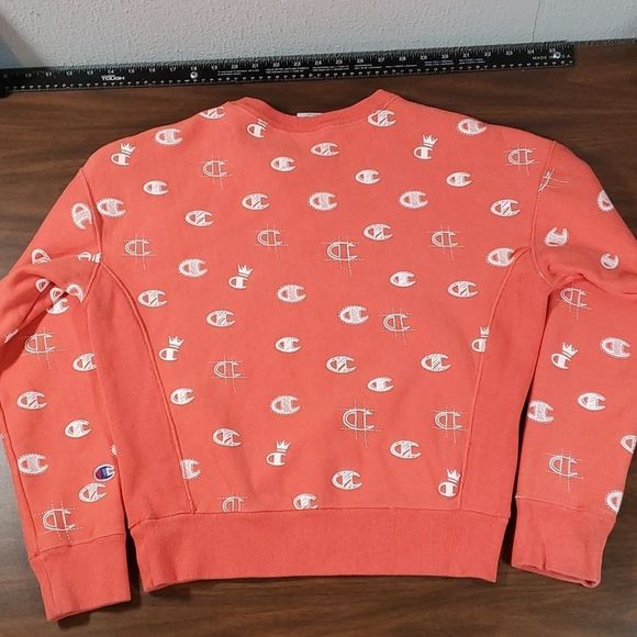 Champion Reverse Weave Sweatshirt‎ Coral Multi-Logo Hoodless Hoodie Small - Picture 7 of 8